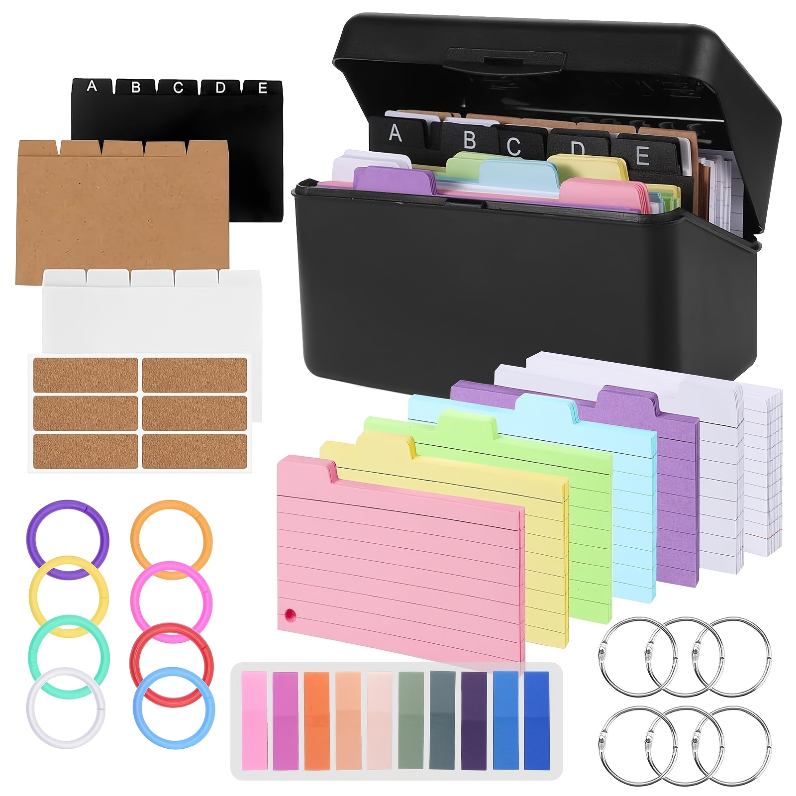 Image of Index Card Set, Including 200 Colored Thickened Lined Index Cards, 15 Dividers, 6 Binder Rings, And 6 Stickers - Perfect For Study, School, University, Office, And Home Use.
