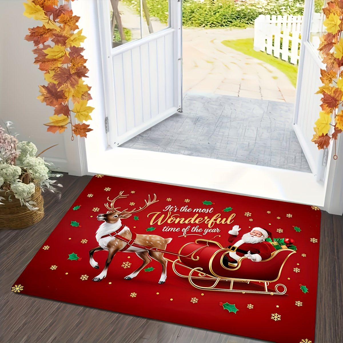 TEMU A Doormat Featuring A Santa Claus And Reindeer Sleigh Design, Printed With The Words 