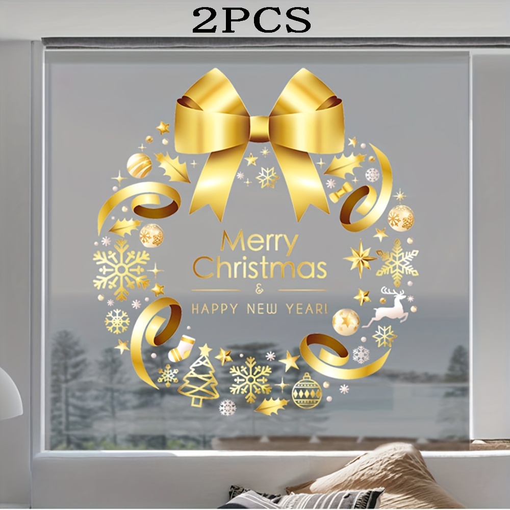 Image of 2pcs Christmas Golden Glass Window Clings, Diy Static Wall Window Door Mural Decal Stickers, Colorful Window Glass Removable Christmas Decals, Perfect For Christmas/party Decorations