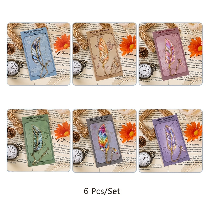 Image of 6pcs Texture Feather Shape Metal Bookmarks With Pendants, Durable Iron Alloy Material, Vintage Feather Style Bookmarks Exquisite Feather Bookmark For Book Lover, Writer And Reader