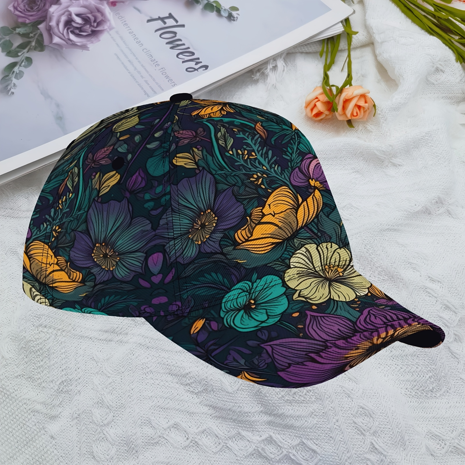 TEMU Casquette de Baseball Vintage à Motif Floral, 100% Polyester Légère et Ajustable pour la Randonnée, & , Lavable en Machine - Cadeau Idéal pour