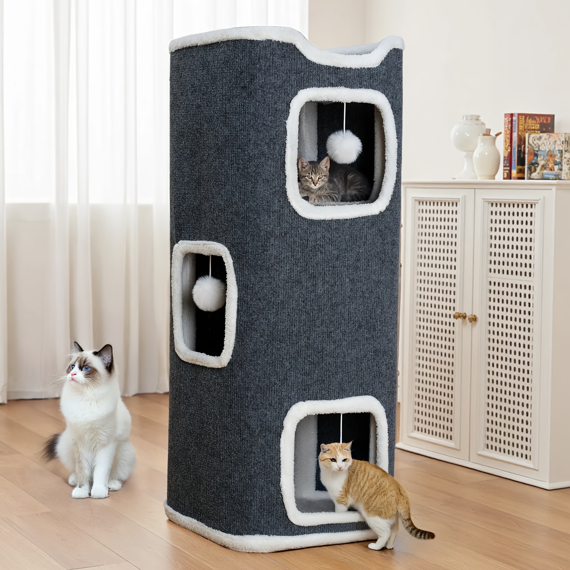TEMU Multi-level Foldable Cat Tree Towers For Indoor - Cat Furniture, Interactive Hanging Toy Ball, Soft And Cozy Top Bed, Cama Para Gato, Cat Tree