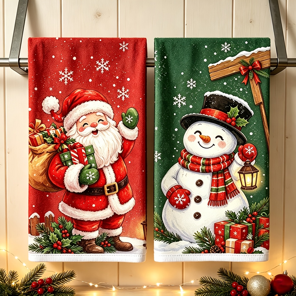 TEMU Cleaning Cloth 2pcs Kitchen Towels, Christmas Santa Claus Snowman Watercolor Printed Kitchen Dish Towels, Tea Towels Striped Bar Towels, Durable