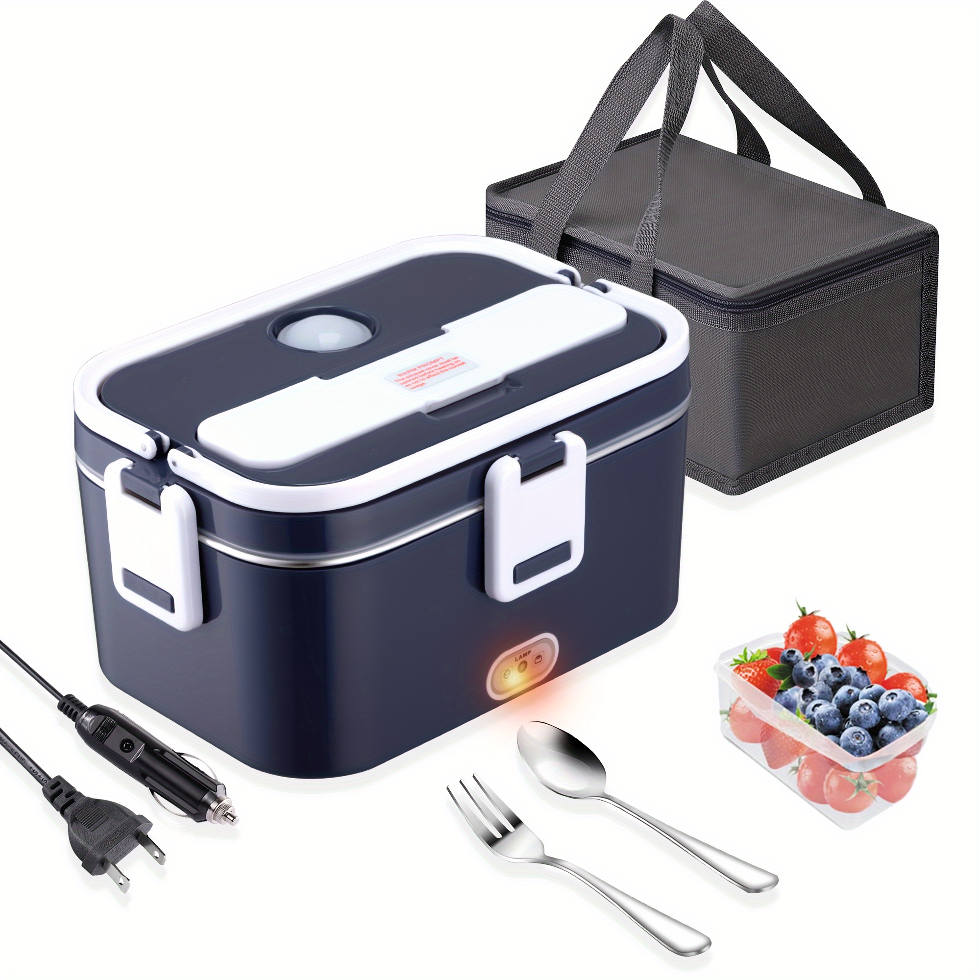 

80w Electric Lunch Box, 12v/24v/110v Portable Food Warmer For Car/truck/home, 1.8 Liter Self-heating Box With 304 Stainless Steel Container, Insulated Bag, Spoon, Fork