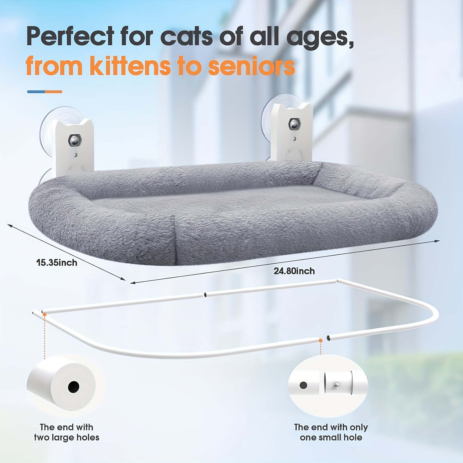 TEMU Cat Window Perch Cordless, Cat Window With 4 Suction Cups, Washable Removable Cat Bed Mat Cover, Frame Cat Bed Seat Gray