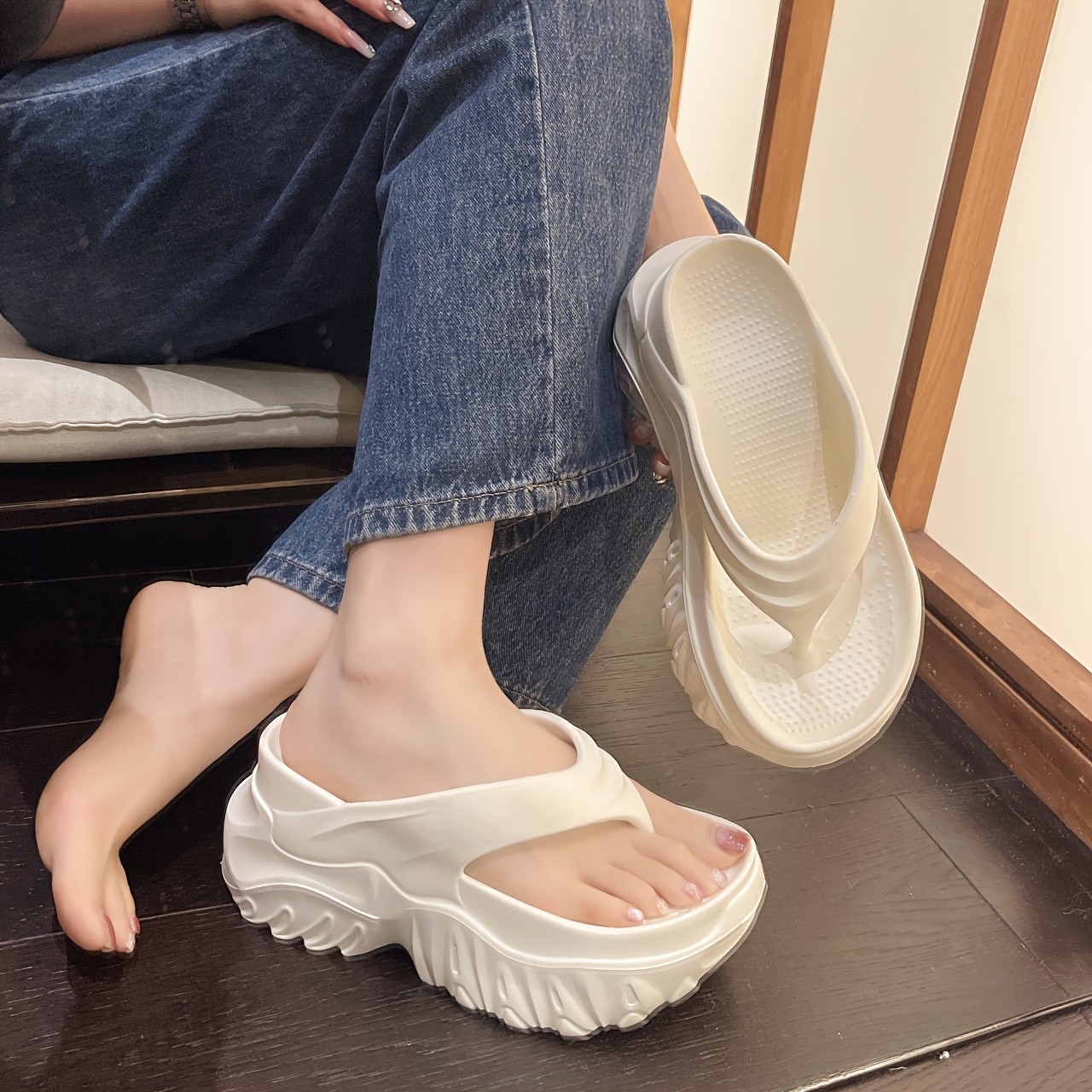 popular   women 39 s eva flat slippers comfortable high heeled casual beach and garden shoes non slip soles easy to slip on   in   and beige   Product details 0