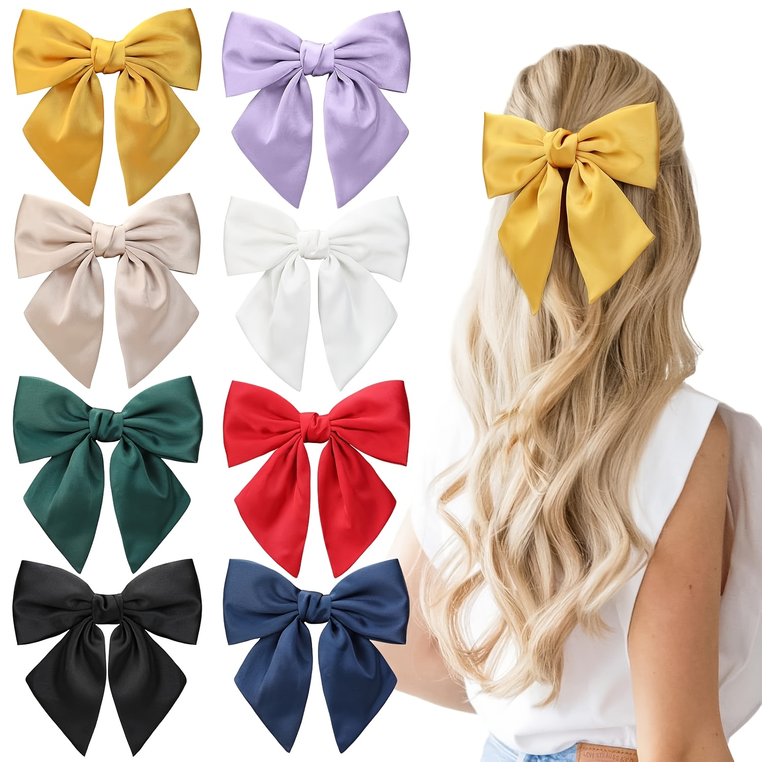 

8pcs Grands Nœuds en Satin Superposés pour Femmes Filles 6.5 Pouces Barrette Noire Blanche Grande Nœud en Ruban Style Français Accessoires pour Cheveux