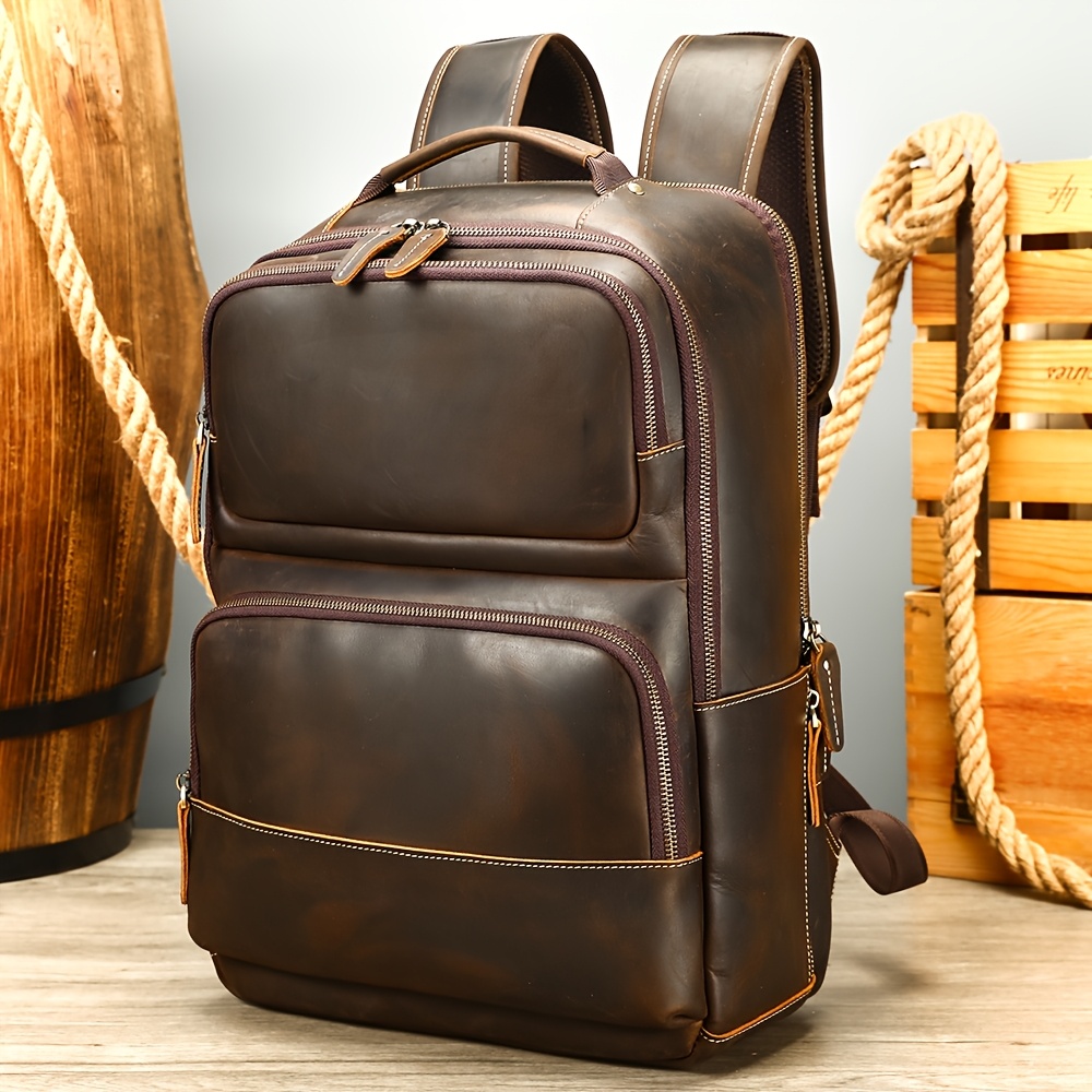 mens genuine leather backpack travel Temu Bahrain