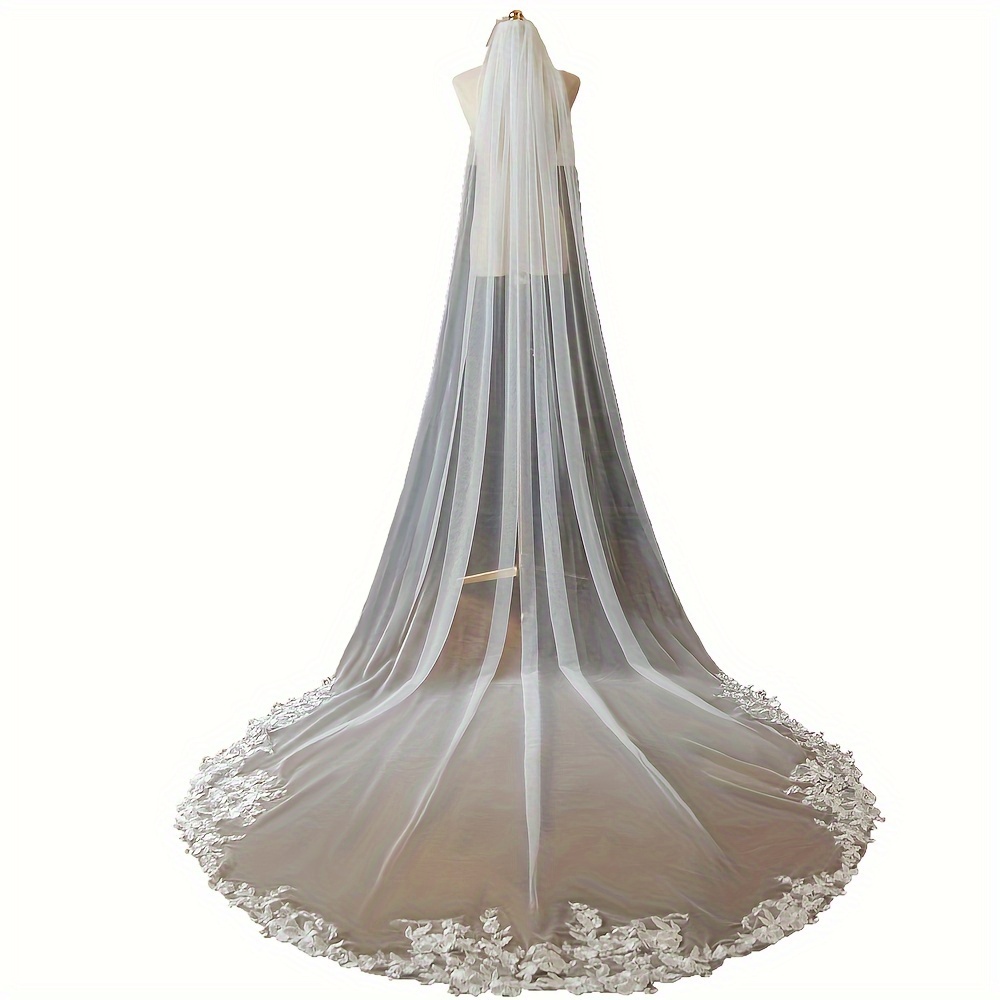 

Elegant Long Bridal Veil With Lace Floral Edge, Fashionable Wedding Accessory For Brides, Floor-length Tulle Cathedral Veil