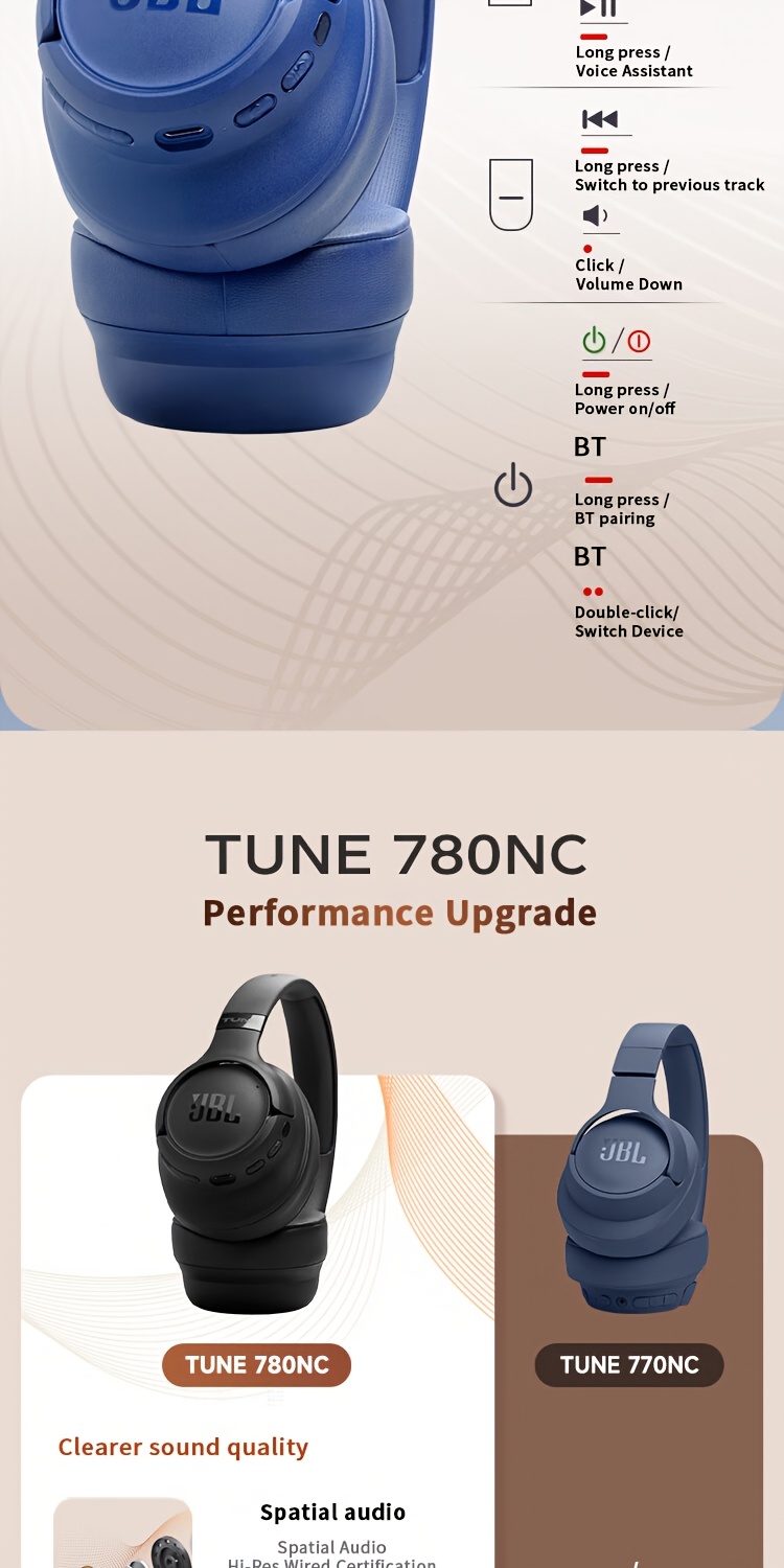 JBL TUNE 780NC Wireless Headphones with Over-Ear Design Feature Active Noise Cancellation, Are Compatible with Phones, Computers, And Laptops, And Can Also Be Used As a Wired 3.5Mm Gaming Headset. They Offer an Impressive Battery Life of Up to 76 Ho