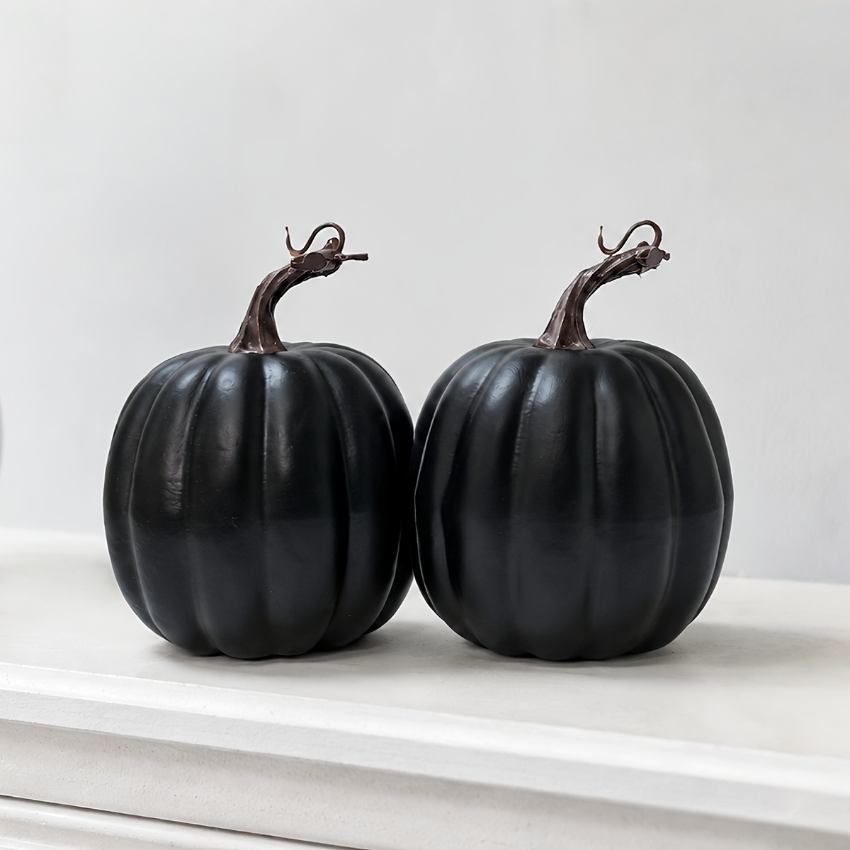 Image of 2pcs 6.75 Inches Black Artificial Pumpkins, Dark Gothic , Pumpkin Ornaments For Halloween Party, Decor, Living Room Shelf Entryway Porch Mantel Display Home Holiday Decoration