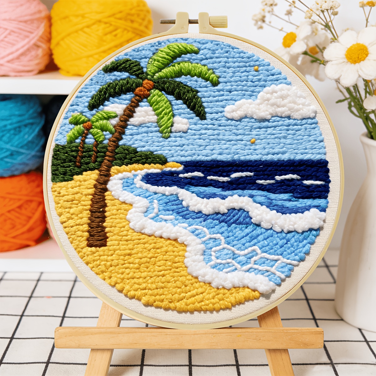 Coastal Scenery Pattern Punch Needle Embroidery Kit, Beginner Set