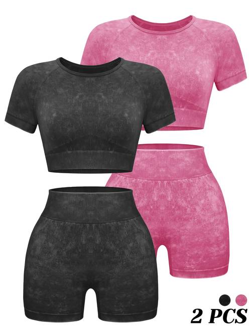 4pcs womens sets seamless acid wash outfits shorts and crop top matching clothing set
