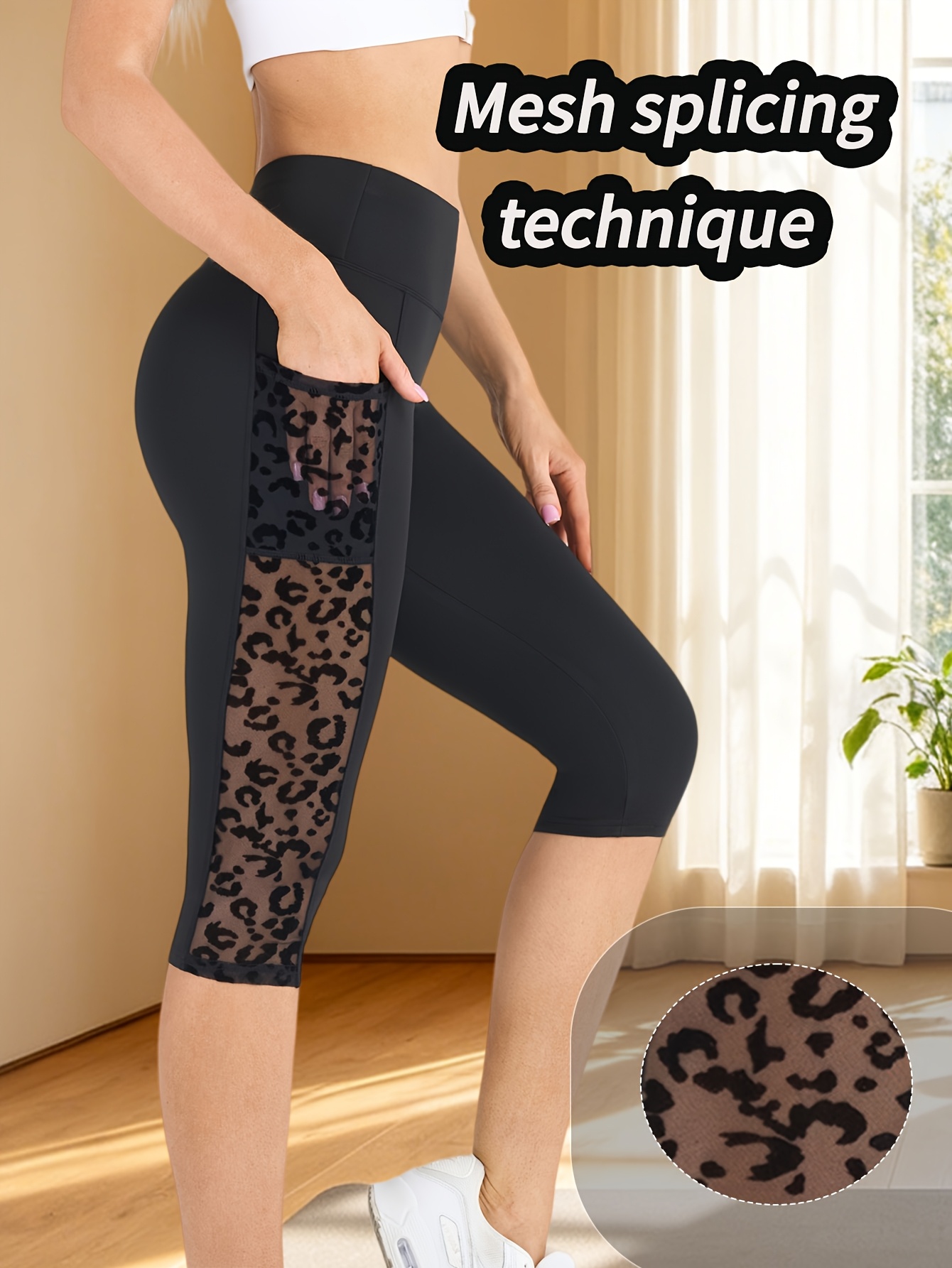 Women' High-Waisted Breathable Yoga Capri Pants with Mesh Panel & Black Leopard Print - Non-Sheer Workout Leggings Suita