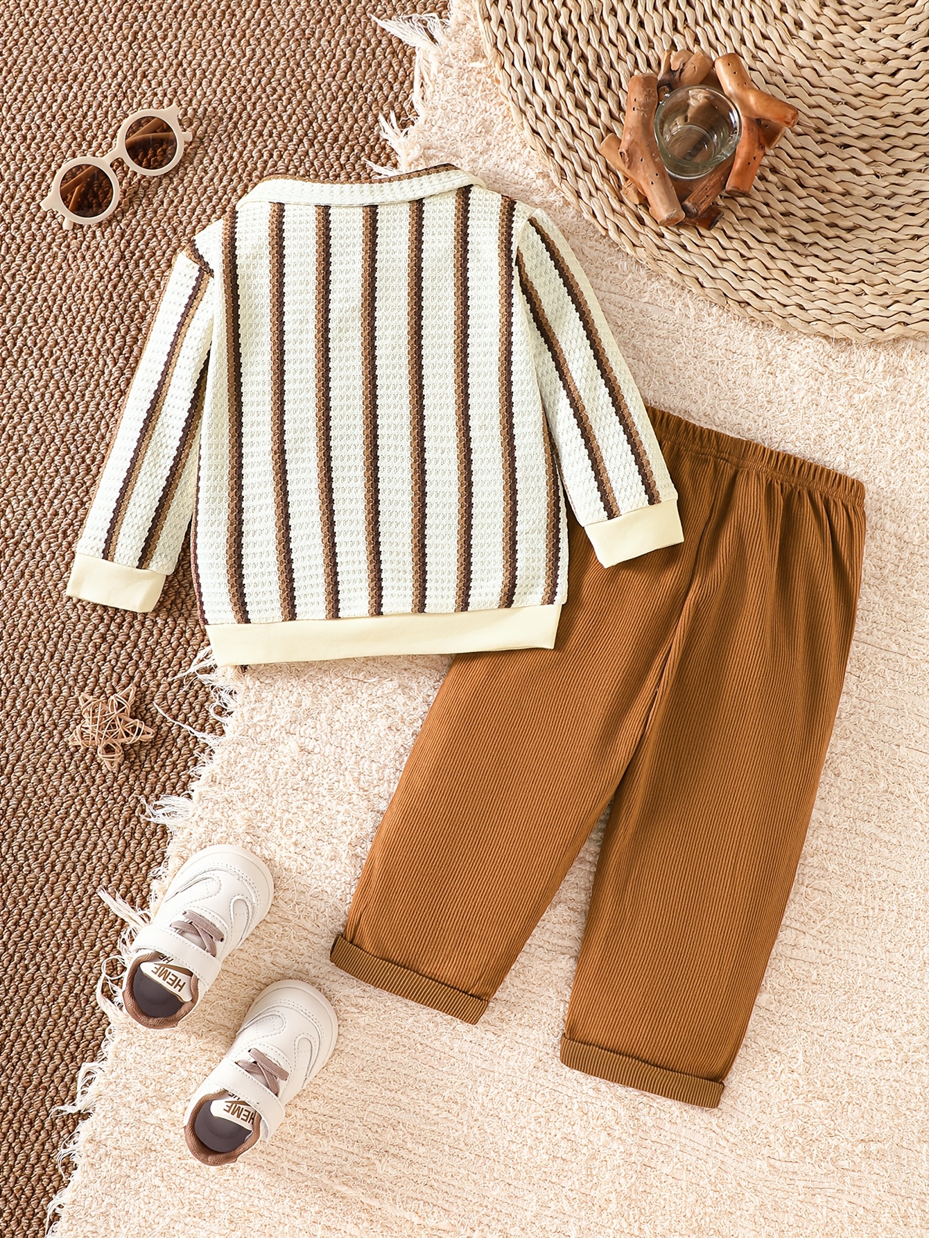 contrast color vertical   long sleeve   shirt and corduroy trousers set boys   style 2pcs set academic style lapel design textured fabric soft and comfortable suitable for babies aged 9 months to 4 years