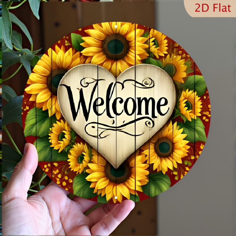 TEMU 2d Aluminum Welcome Sign With Sunflower Wreath Design - 1pc, Vintage Style Round Metal Wall Art For Home, Cafe, Bar, Restaurant Decor, Retro