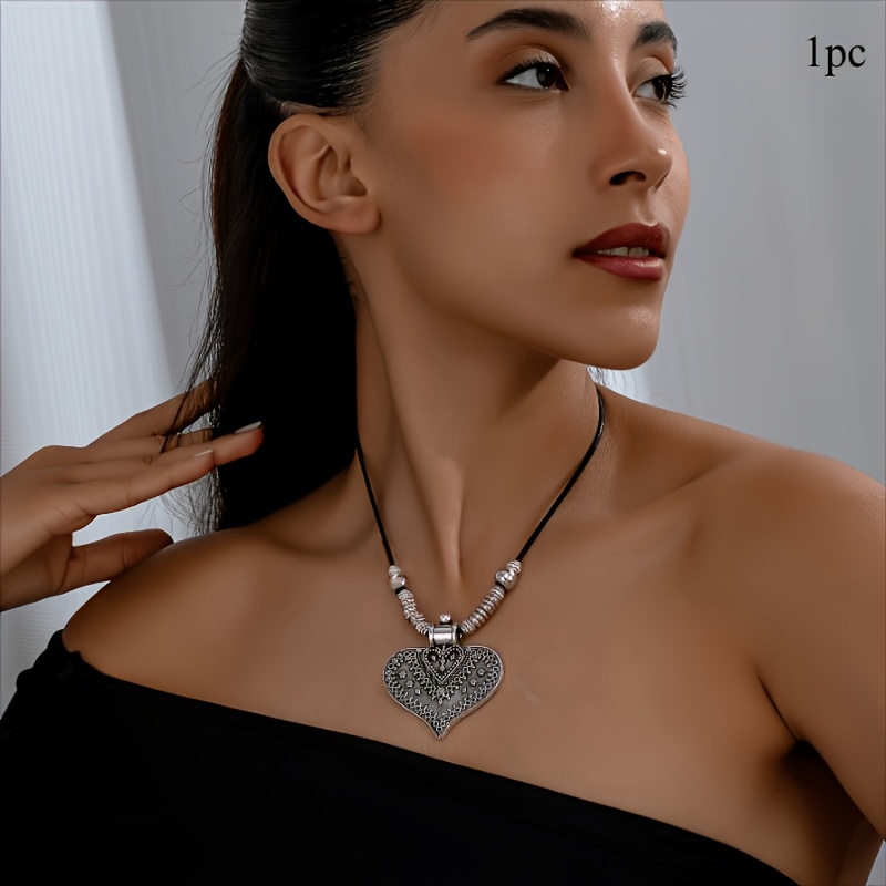 Image of 1 Bohemian Style Vintage Embossed Heart Metal Women's Pendant Necklace Suitable For Vacation And Daily Wear