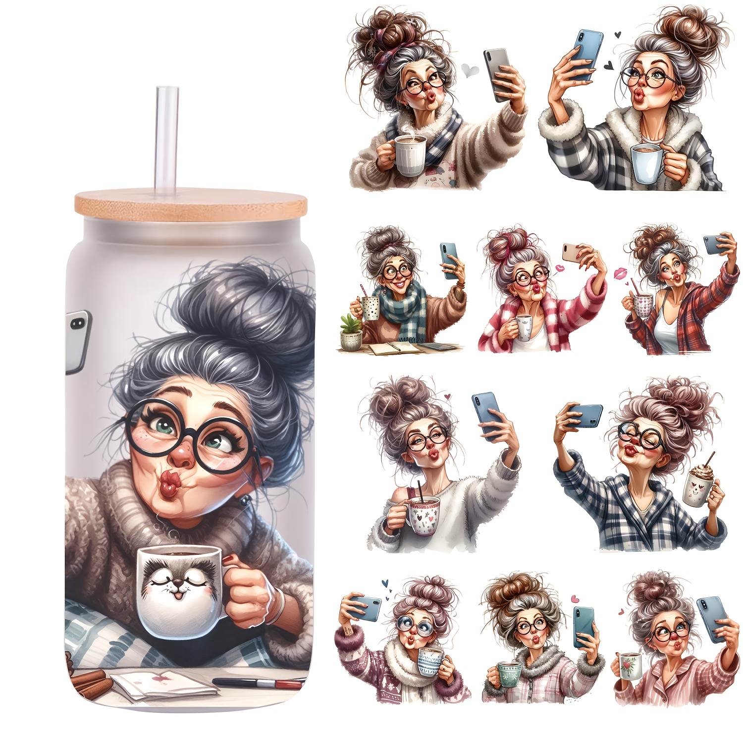 

5pcs/Set Selfie Grandma 16Oz Verre Bocal Emballage Transfert Tasse à Café UV DTF Haute Auto-Adhésif Décoratif Emballage Transfert sur Tasse