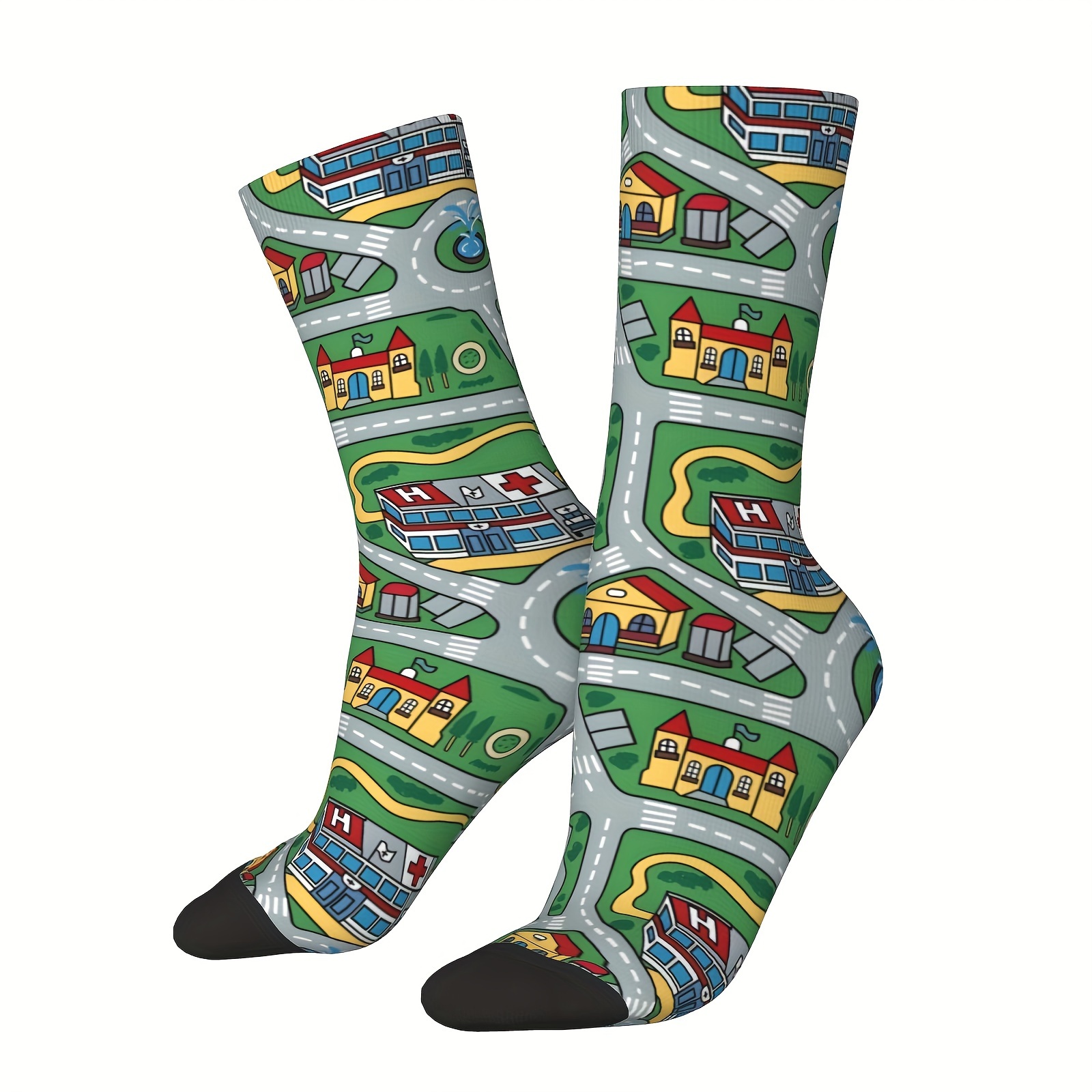 

1 Pair Men's Novelty Socks - Fun & Vintage , Hip Hop Style, Seamless Polyester Crew Socks With Road Rug Pattern, Perfect Gift For Boys