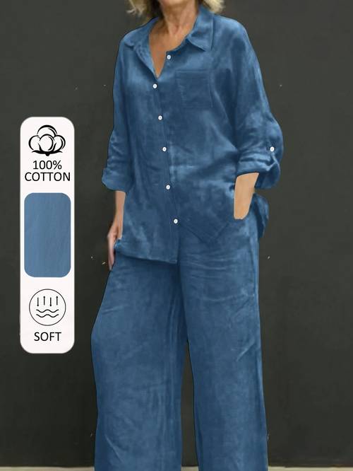 1 set of casual womens casual long sleeve shirt with wide leg pants simple and fashionable style comfortable and soft fabric suitable for vacation dating home office