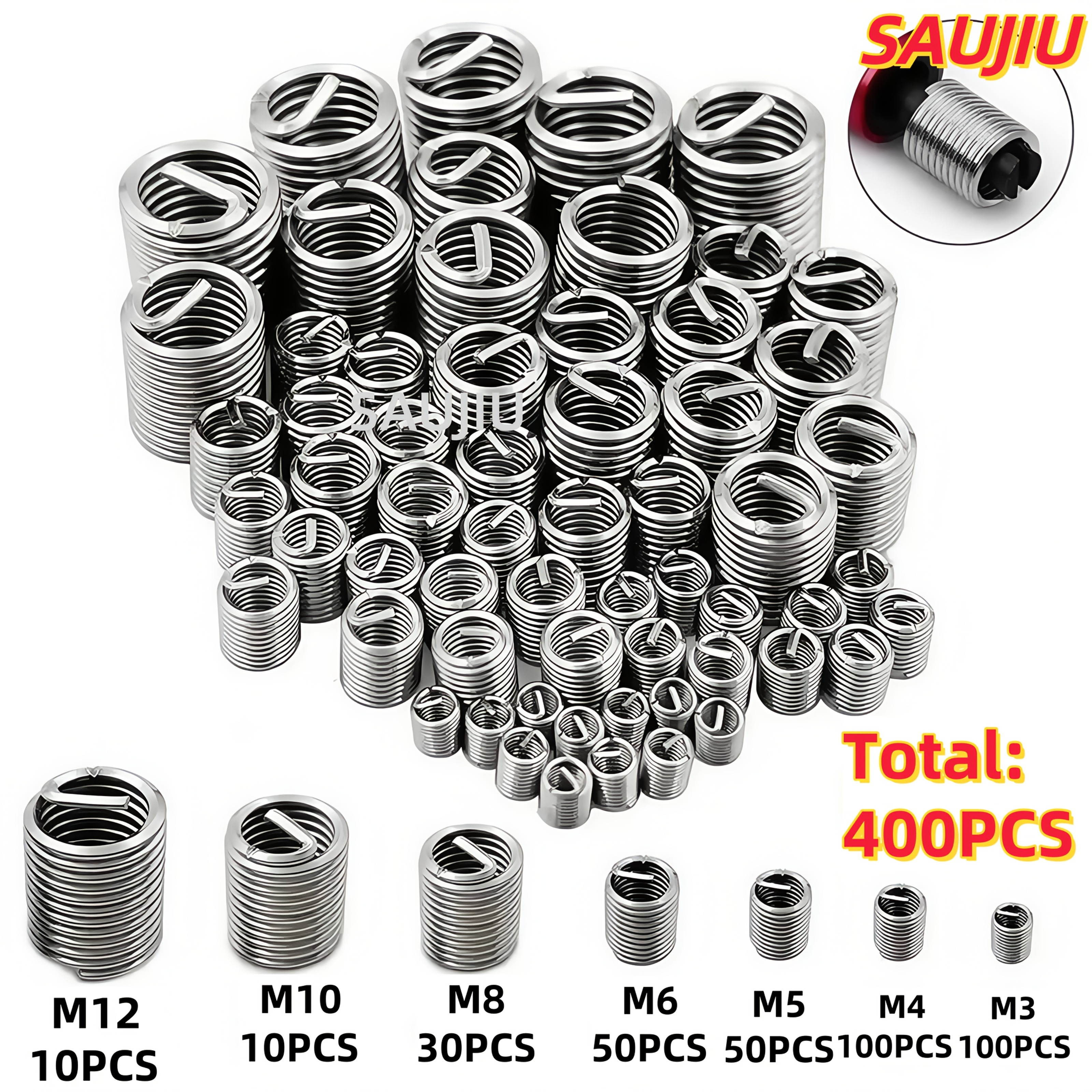 TEMU 400pcs 304 Stainless Steel Thread Repair Kit (m3 M4 M5 M6 M8 M10 M12) - High-strength Wire Thread Inserts With Full Coverage & Wear Resistance,
