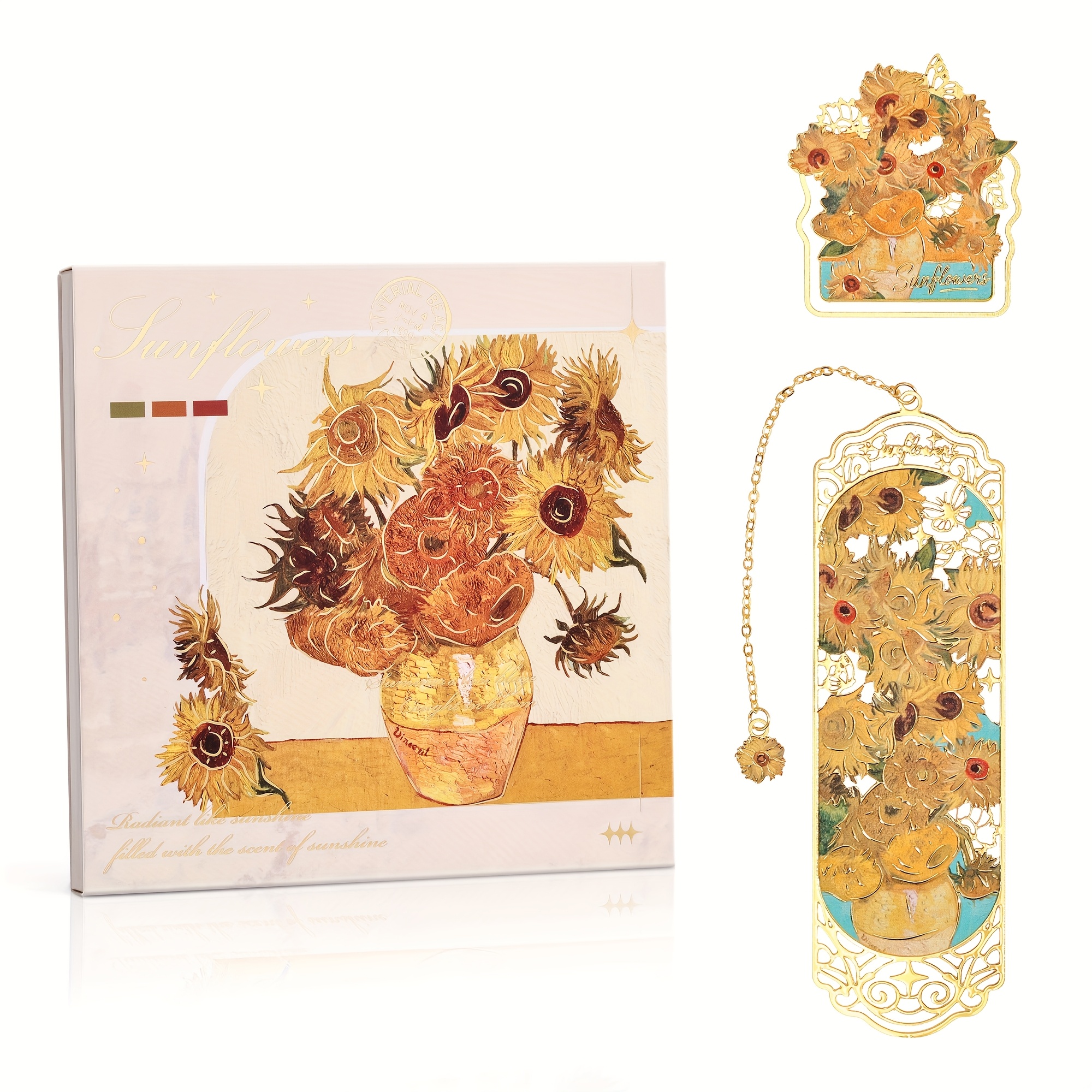 TEMU 1 Set Luxus Goldener Metall Lesezeichen & Buchclip Geschenkset, Ölmalerei-Thema, 1 Lesezeichen mit Anhänger + 1 Buchclip, Elegante Geschenk-Box