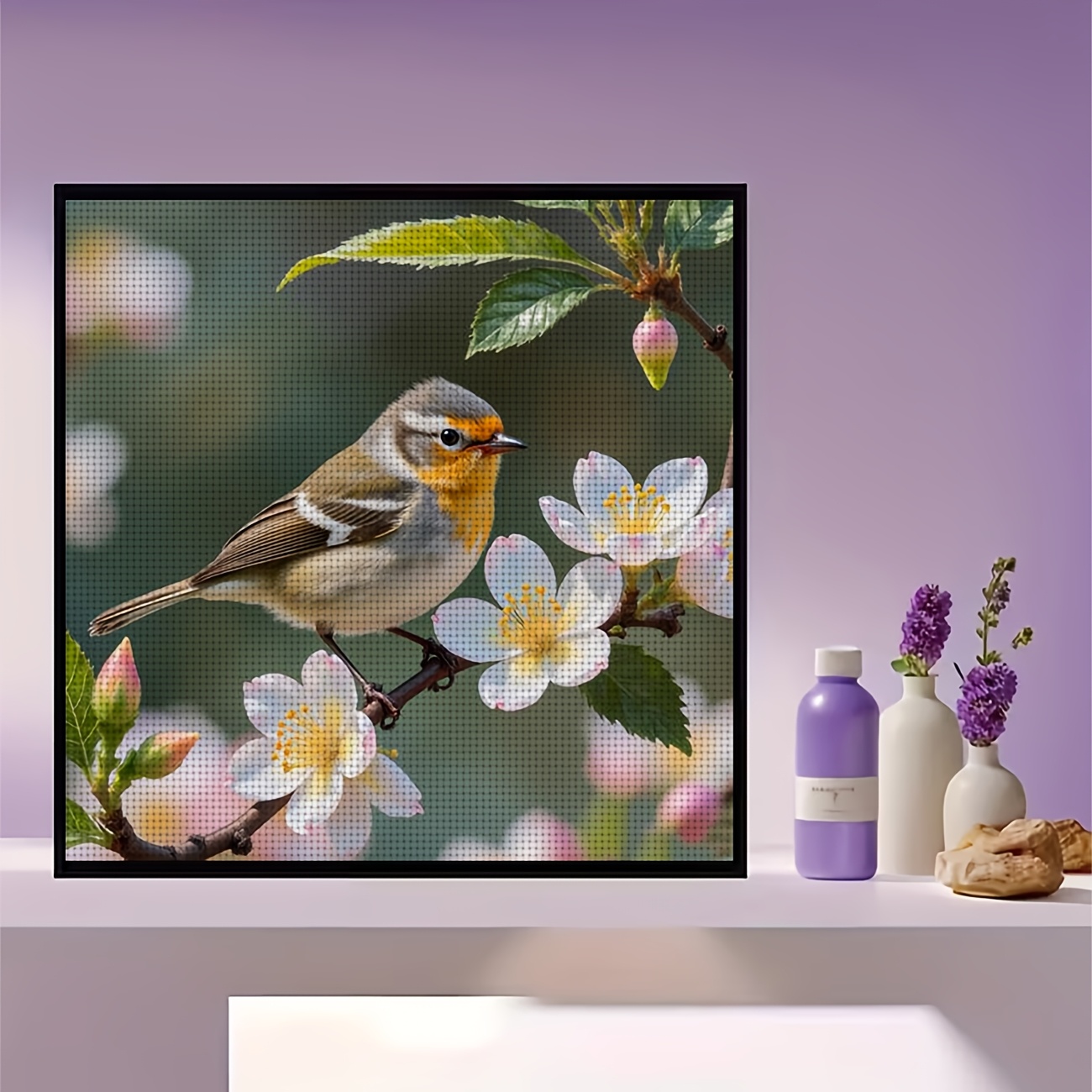 DIY Cross Stitch Print Kit, Bird Perched on Flower Branch