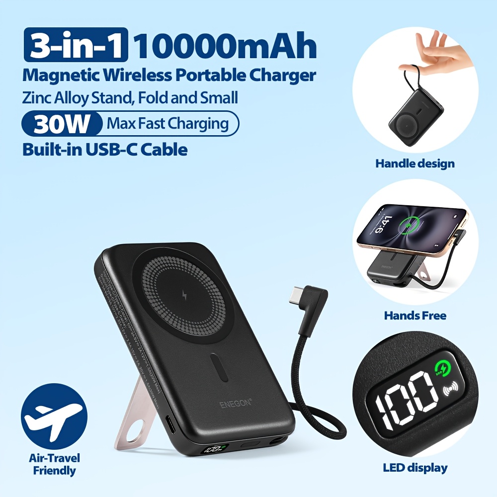 Image of Enegon Magnetic Power Bank, 10000mah Wireless Charger, Alloy Stand, 30w Charging, Built-in Usb-c Cable & Stand, For Iphone 17/16/15/14/13/13 Pro/ 13 Pro Max/ 12/12 Pro And 12 Pro , Airpods Etc.