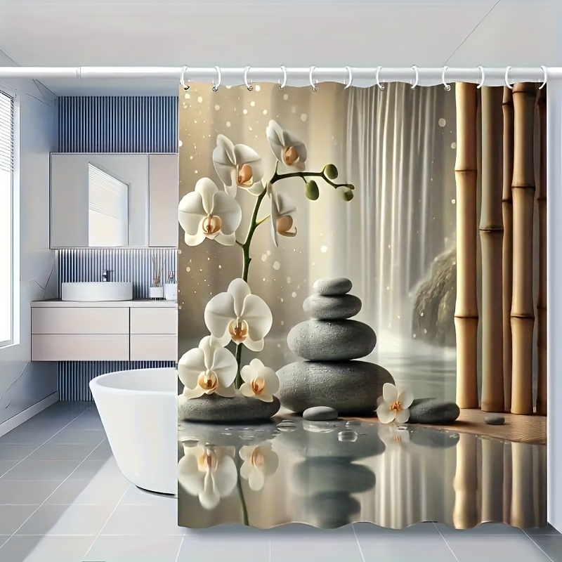 TEMU 1 da doccia a con orchidea e pietra - Design minimalista a , fibra di poliestere resistente - Misure multiple - con 12 ganci - Adatta per la