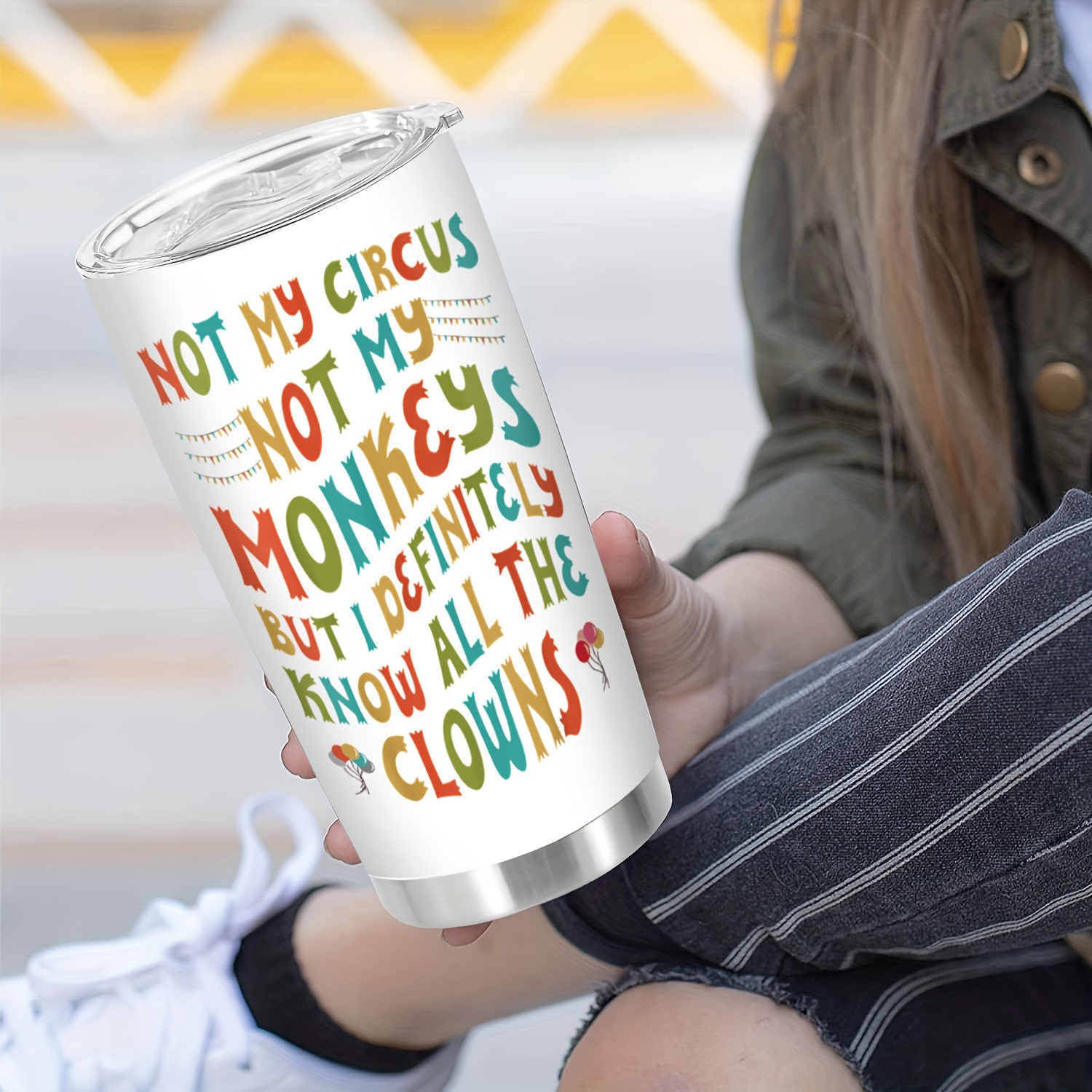 

1-pack 20 Oz Stainless Steel Insulated Travel Mug With Lid, "not Not My Monkeys" Graphic, Reusable Beverage Container For Ages 14+ - Ideal For Outdoor Adventures