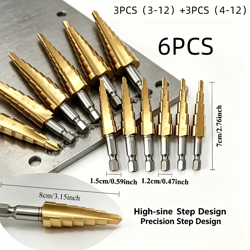 TEMU 6pcs Step Drill Bit Set, Featuring Tapered Bits For Drilling And Countersinking, Suitable For Metal, Wood, Pvc, And Acrylic, Used In , And