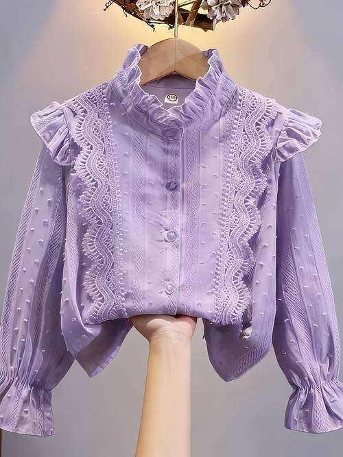 a stylish lace trimmed shirt for girls with a small stand up collar featuring soft and breathable jacquard fabric suitable for spring summer and autumn wear everyday matching