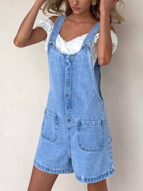 women denim bib overalls shorts solid color baggy jean jumpsuit romper pants with pockets for streetwear