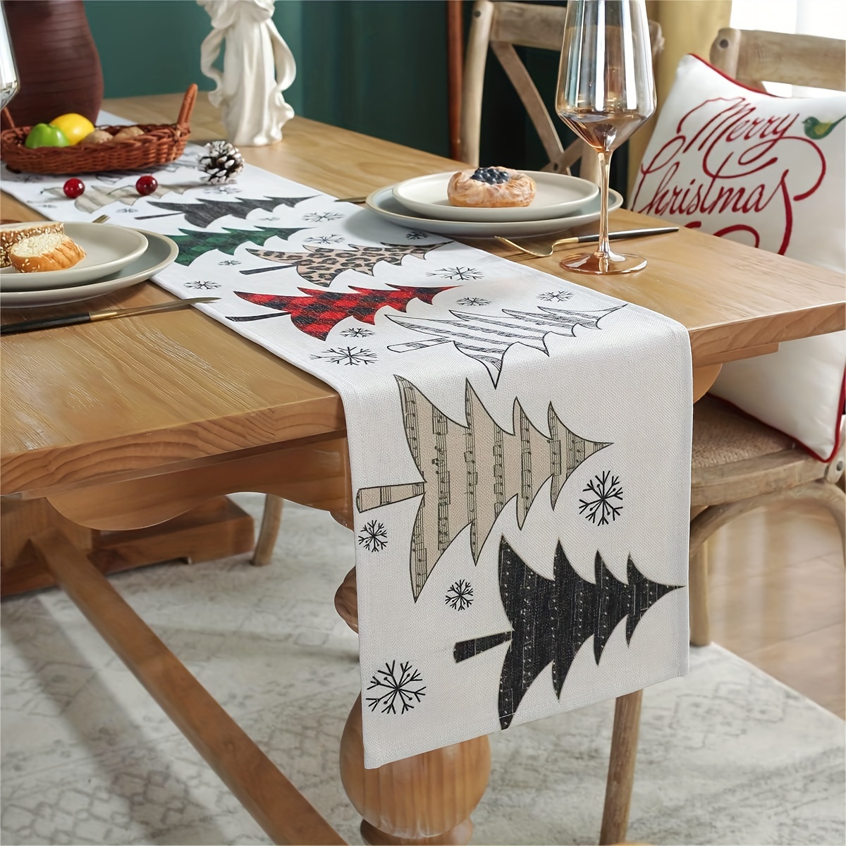 Image of 1pc, Christmas Table Runner Inches Long Christmas Trees Merry Xmas Table Runner For Christmas Decoration Seasonal Family Dinner Christmas Table Decoration, 13x36/13x48/13x72/13x90/13x108/inch