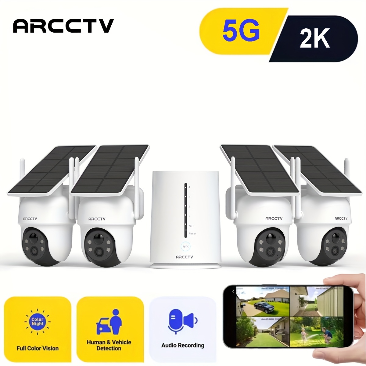 TEMU Caméra de sécurité extérieure fil ARCCTV 4MP à solaire avec vue à 360°, détection de mouvement PIR, vision en couleur, PTZ, sirène intelligente