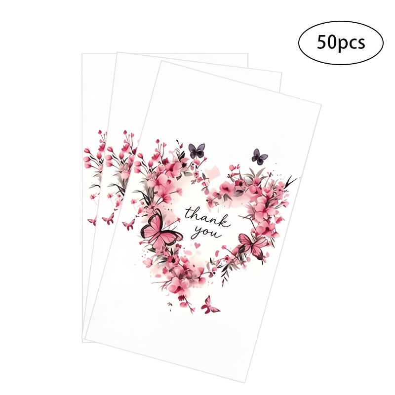 TEMU 50pcs Thank You Greeting Cards, Watercolor Cherry , Heart, And Design, Blank Message Cards, Small Business Appreciation Greeting Cards, Pink