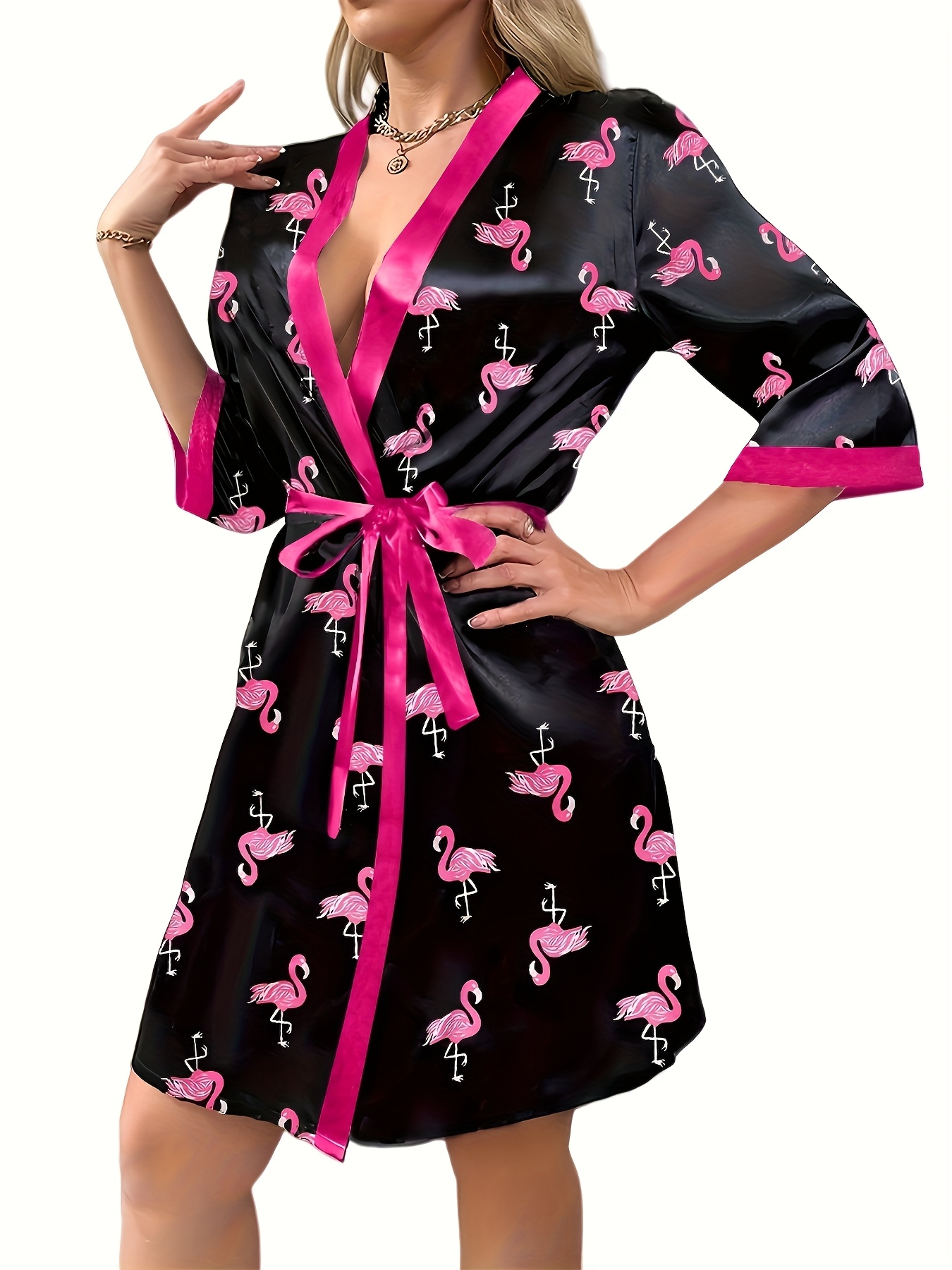 698217b1-05a7-439b-8596-720ca0ac10b8.jpg Flamingo-printed satin fabric, elegant casual home bathrobe dressing gown 90