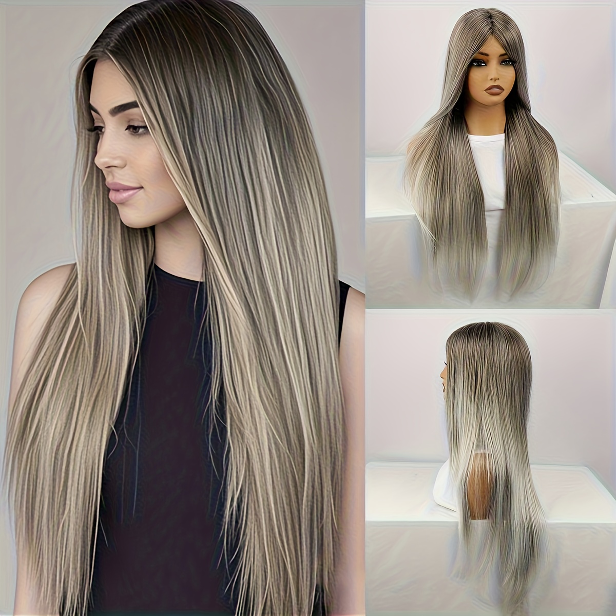 Image of Billowig Women's Gray Brown Gradient Long Straight Wig - 30" Medium Part, Heat Resistant Synthetic Hair, Cap, Suitable For Daily And Party Use, Versatile Hairpiece, , Wig