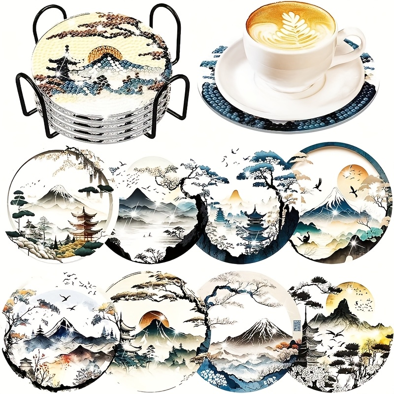 TEMU Nouveau bricolage peinture diamant fait à , diamant brillant plein diamant salon chambre à coucher tapis de tasse ornements 8 pièces ensemble,