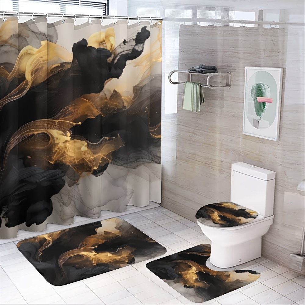 

1/3/4pcs Black And Golden Ink Pattern Bathroom Set, Machine Washable, Shower Curtain, Non-slip Bath Mat, U-shape Mat, Toilet Lid Cover, Bathroom Decor, Hooks Included