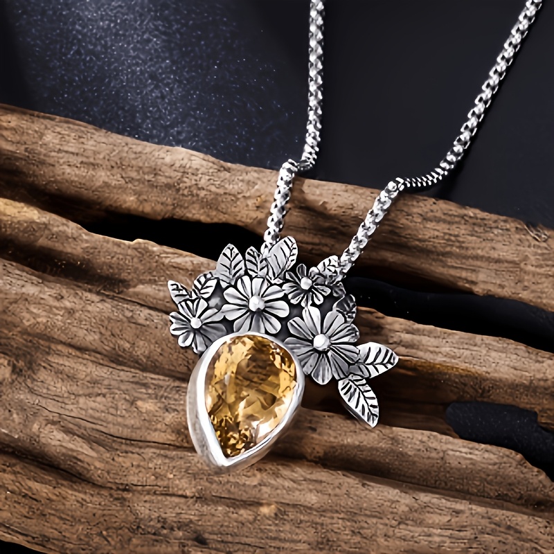 Women's Bohemian August Birthstone Necklace, Yellow Teardrop Pendant