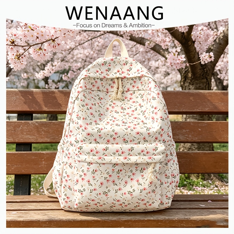 TEMU 세련된 일본 스타일 캐주얼하고 산뜻한 여성용 백팩, 달콤한 플로럴 패턴 프린팅, 대용량 경량 백팩, 내마모성 원단, 다중 포켓, 조절 가능한 어깨 스트랩 백팩, 데일리 출퇴근 및 대학에 적합