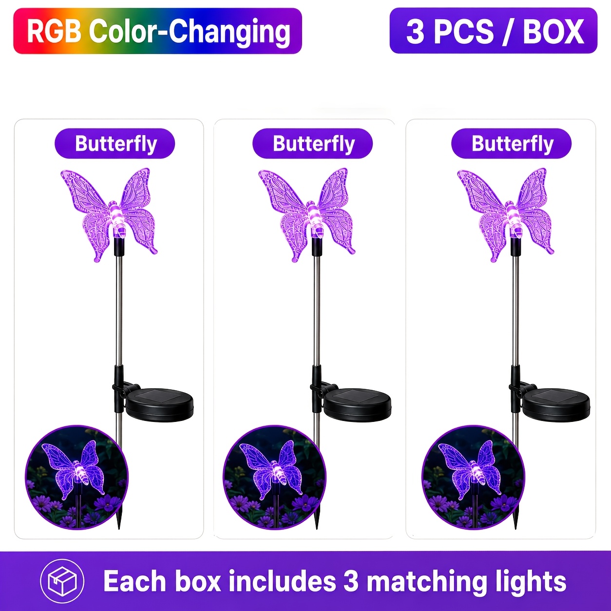 TEMU 3pcs Solar Outdoor Lights, From Local Warehouse, In 3 Decoration Options: , Dragonfly, And Bird. Colorful Led, Suitable For Outdoor Garden
