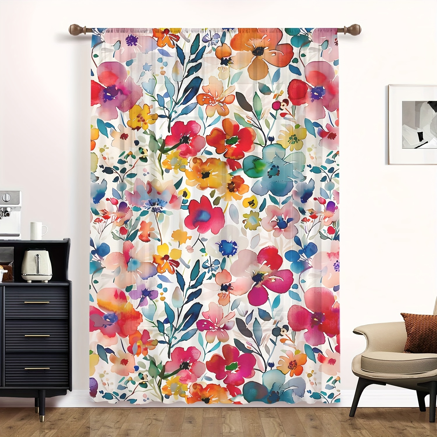 

Watercolor Sheer Curtain - Rod Pocket Room, Bedroom, Dining, Office & Home Decor - Machine Washable Polyester, Semi-transparent Floral Print, Garden Plants, Fitness Room, Kitchen