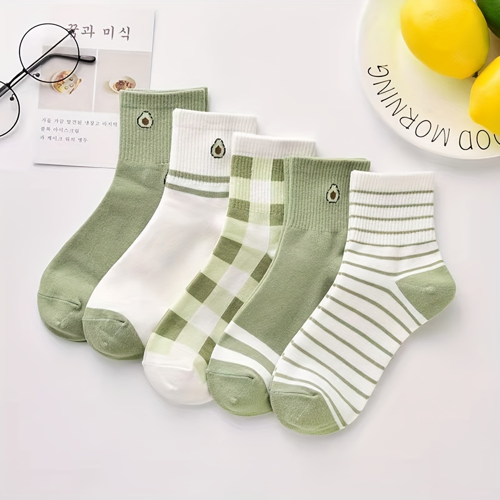 

5 paires de chaussettes de dessin vert avocat, chaussettes à rayures à carreaux, respirantes et polyvalentes pour femmes