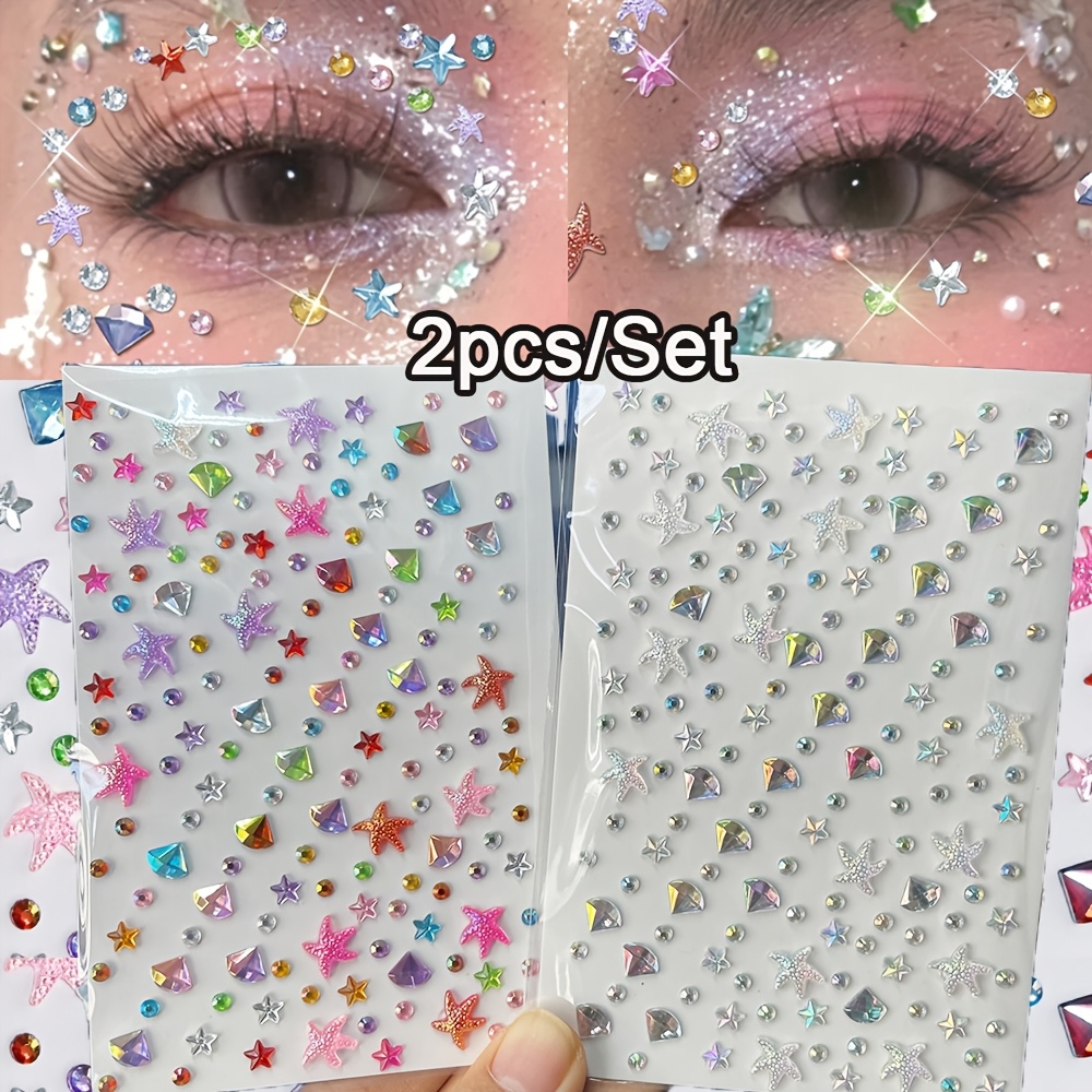 2pcs/set Colorful&aurora 3d Face Rhinestones,starfish Drop Gem Rhinestone Mermaid Gemstone Sticker, For Makeup Body Party Jewelry