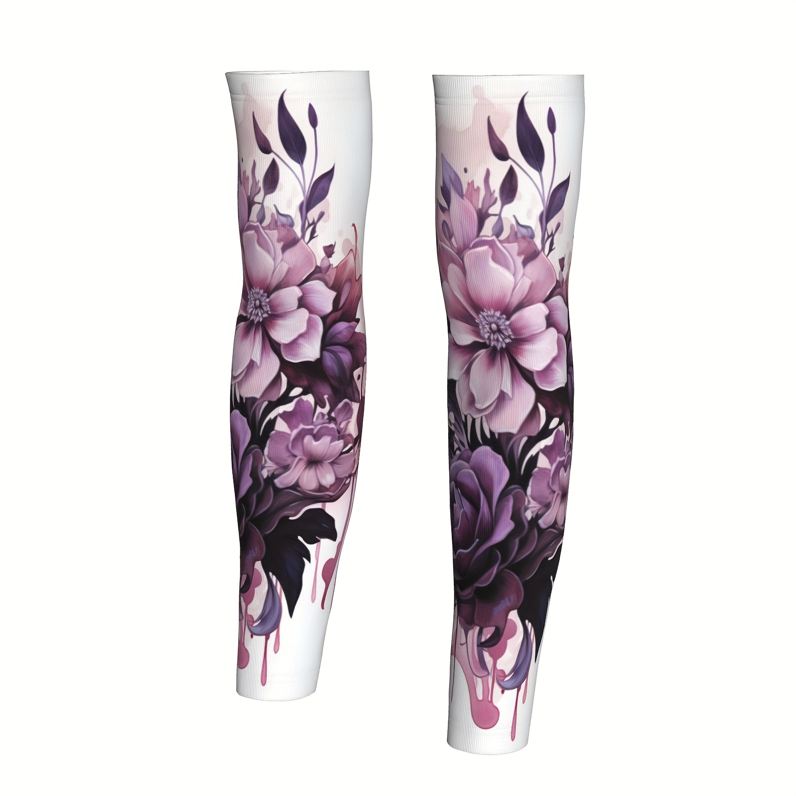 TEMU 1 Pair Luxury Floral Peony Tattoo Pattern Compression Arm Sleeves, Polyester Fabric, Universal Fit For Daily Wear