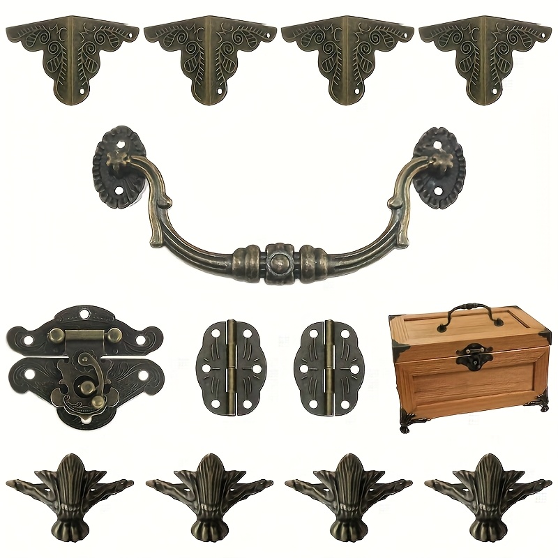 

12pcs Antique Bronze Zinc Alloy Hinges And Handles Set, Diy Locking For Wooden Box, Jewelry Box Organizer Corner Guards, Protectors - Box Not Included