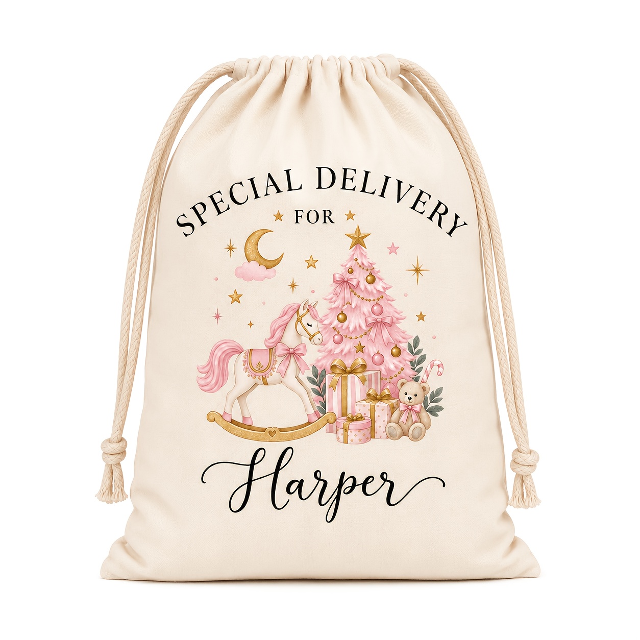 TEMU Personalized Name/text Custom Christmas Bags Suitable For Birthdays, Weddings & Holidays - Soft Pink Bear Gift Pouch With Name/text, Canvas