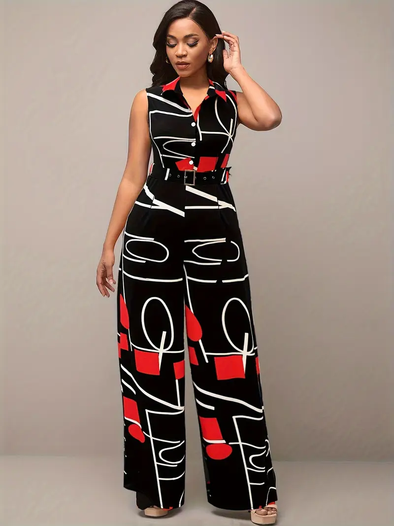 geo print button front jumpsuit elegant sleeveless jumpsuit for womens clothing details 2